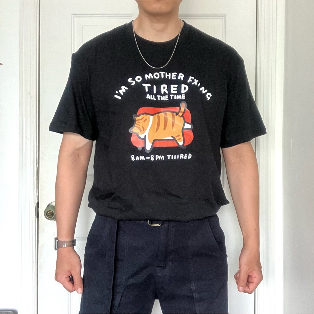 NEW black tired Japanese fun cat streetwear fashion loose T shirt sz M